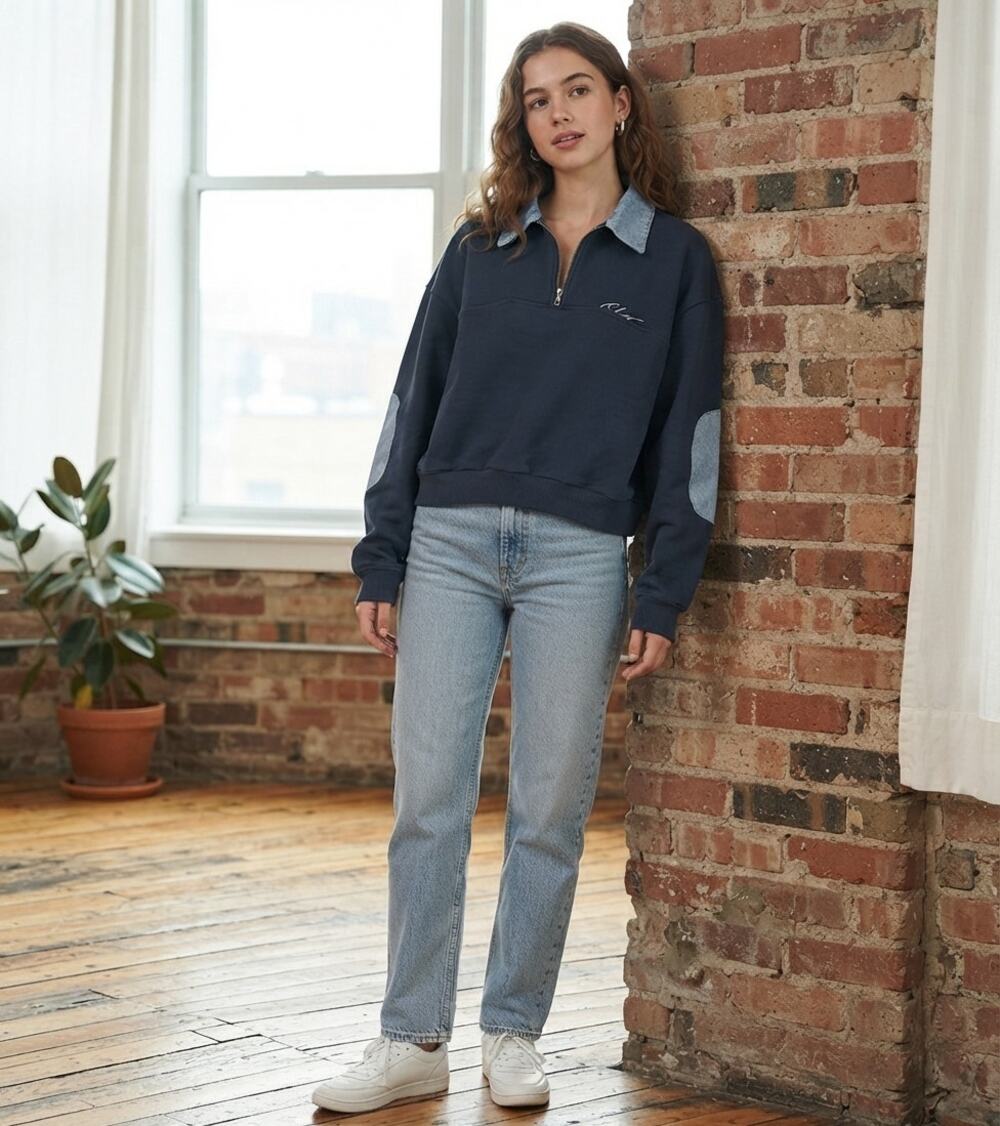 Elwood Contrast-Collar Quarter-Zip Pullover Sweatshirt with Denim Paneling XS